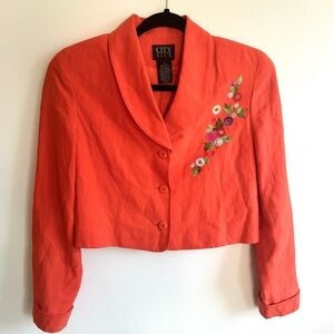 Vintage City Silk Embroidered Floral Cropped Jacket Silk Linen